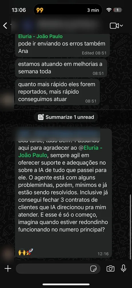 Conversa de WhatsApp: diretor de um escritório agradece a Eluria e relata ter fechado 3 contratos com clientes que a IA direcionou para atendimento.