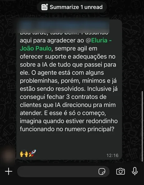 Conversa de WhatsApp: diretor de um escritório agradece a Eluria e relata ter fechado 3 contratos com clientes que a IA direcionou para atendimento.