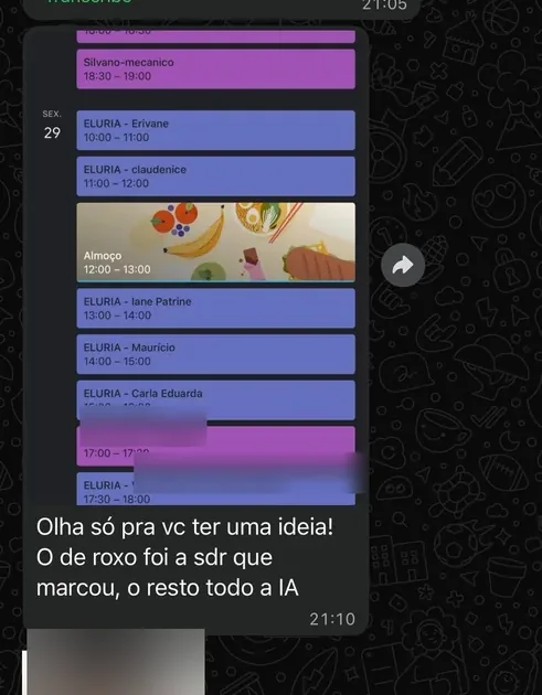Conversa de WhatsApp mostrando uma agenda cheia de compromissos, com a observação de que apenas um foi marcado pela SDR humana e todo o resto pela IA.