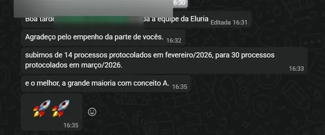 Conversa de WhatsApp: cliente agradece a equipe da Eluria e relata ter subido de 14 processos protocolados em fevereiro para 30 em março, a maioria com conceito A.