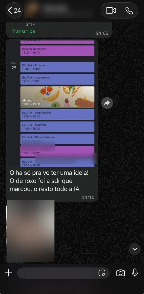 Conversa de WhatsApp mostrando uma agenda cheia de compromissos, com a observação de que apenas um foi marcado pela SDR humana e todo o resto pela IA.