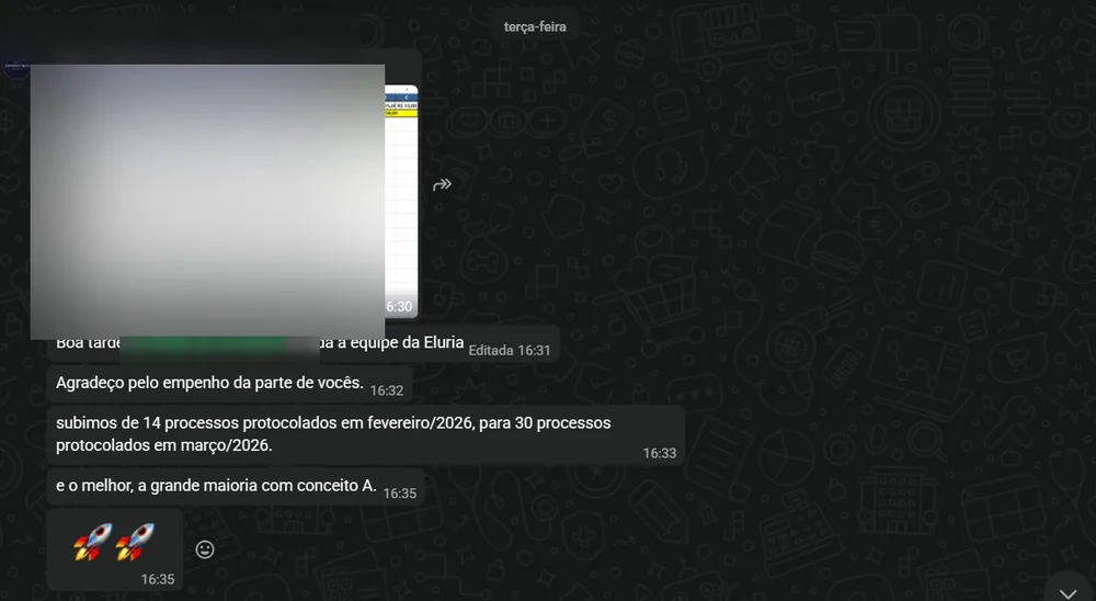 Conversa de WhatsApp: cliente agradece a equipe da Eluria e relata ter subido de 14 processos protocolados em fevereiro para 30 em março, a maioria com conceito A.